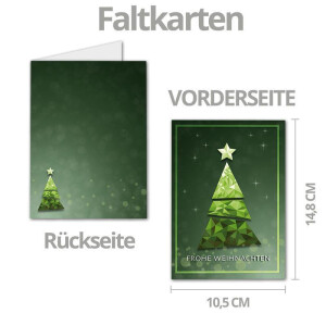 10x Weihnachtskarten-Set DIN A6 mit grünem Weihnachtsbaum in Glasmosaik-Optik - Faltkarten mit Umschlägen DIN C6 in Kraftpapier Sandbraun mit Nassklebung - Weihnachtsgrüße für Firmen und Privat