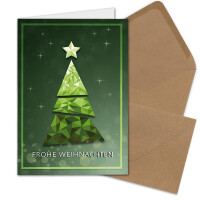 10x Weihnachtskarten-Set DIN A6 mit grünem Weihnachtsbaum in Glasmosaik-Optik - Faltkarten mit Umschlägen DIN C6 in Kraftpapier Sandbraun mit Nassklebung - Weihnachtsgrüße für Firmen und Privat