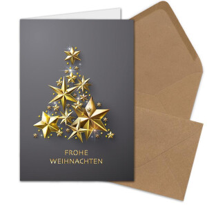 10x Weihnachtskarten-Set DIN A6 in Grau mit goldenem Weihnachtsbaum aus Sternen - Faltkarten mit Umschlägen DIN C6 Kraftpapier Sandbraun mit Nassklebung - Weihnachtsgrüße für Firmen und Privat