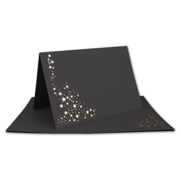 Faltkarten DIN B6 - Schwarz mit goldenen Metallic Sternen - 15 Stück - 11,5 x 17 cm - blanko für Drucker geeignet Ideal für Weihnachtskarten - Marke: NEUSER FarbenFroh