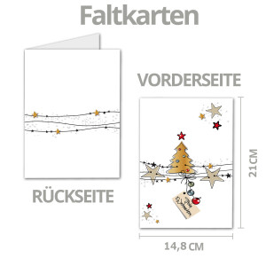 5x XL Weihnachtskarten-Set DIN A5 mit Motiv Weihnachtsbaum und Sterne - Faltkarten mit passenden Umschlägen DIN C5 Kraftpapier Sandbraun mit Nassklebung - Weihnachtsgrüße für Firmen und Privat