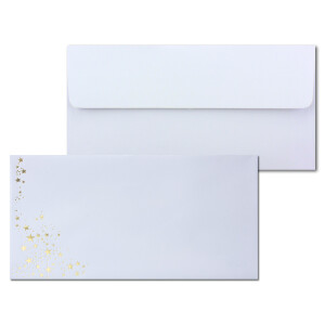 25x Briefumschläge mit Metallic Sternen - DIN Lang - Gold geprägter Sternenregen - Farbe: weiß, Haftklebung, 100 g/m² - 110 x 220 mm - ideal für Weihnachten