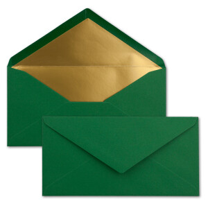 50 Brief-Umschläge DIN Lang - Dunkelgrün mit Gold-Metallic Innen-Futter - 110 x 220 mm - Nassklebung - festliche Kuverts für Weihnachten