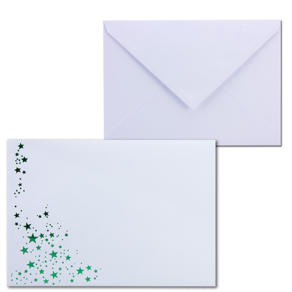 25x Weihnachts-Briefumschläge - DIN C6 - mit Grün-Metallic geprägtem Sternenregen -Farbe: Weiß - Nassklebung, 90 g/m² - 114 x 162 mm - Marke: GUSTAV NEUSER