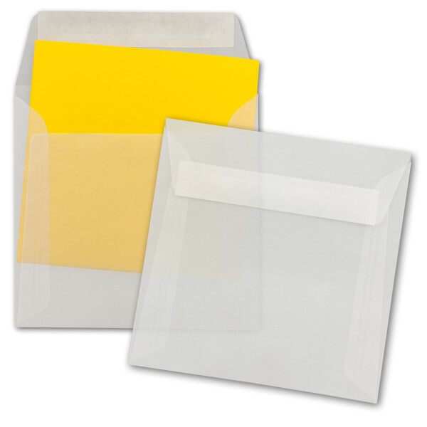 50 Briefumschläge in Transparent - quadratisches Format 16 x 16 cm - 92 Gramm/m² - Haftklebung - ohne Fenster