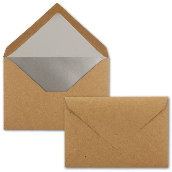 50x - Brief-Umschläge B6 mit Silber Innenfutter - 12,5 x 17,6 cm  - Kraft-Papier braun Recycling Nassklebung - Vintage - UmWelt by GUSTAV NEUSER