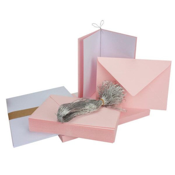 50x Falt-Karten Set in Rosa inklusive Brief-Umschläge DIN B6 - Faltkarte B6 - Einlegeblatt und silbernem Schmuckband