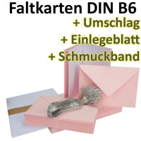 50x Falt-Karten Set in Rosa inklusive Brief-Umschläge DIN B6 - Faltkarte B6 - Einlegeblatt und silbernem Schmuckband