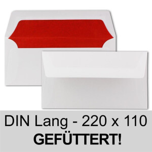 25 Briefumschläge Weiß - DIN Lang - gefüttert mit rotem Seidenpapier - 22 x 11 cm - Nassklebung, gerade Klappe - Ideal für Einladungen und Grüße zu Geburtstag und Weihnachten