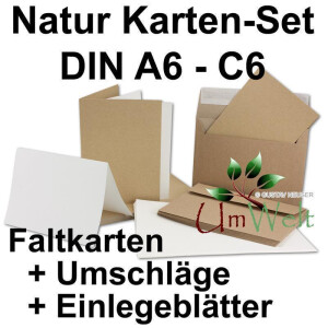 50 x Kraftpapier Faltkarten-Set DIN C6 /A6 - Doppel-Klappkarten + Einlegeblätter in creme mit Umschläge C6 - Vintage-Naturpapier - braun