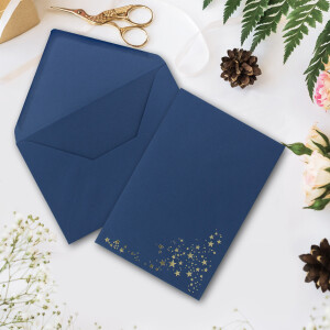 Faltkarten-Set mit Umschlägen DIN C6 A6 - Nacht-blau mit goldenen Metallic Sternen - 10 Sets - für Drucker geeignet Ideal für Weihnachtskarten