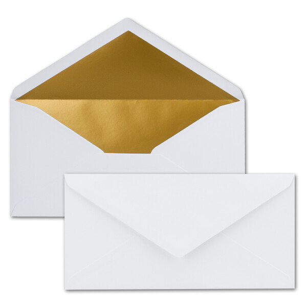 25 Brief-Umschläge DIN Lang - Weiß mit Gold-Metallic Innen-Futter - 110 x 220 mm - Nassklebung - festliche Kuverts für Weihnachten