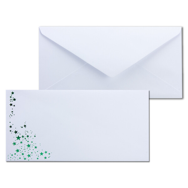 25x Briefumschläge mit Metallic Sternen - DIN Lang - Grün geprägter Sternenregen - Farbe: weiß, Nassklebung, 100 g/m² - 110 x 220 mm - ideal für Weihnachten