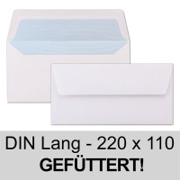 50 Briefumschläge Weiß - DIN Lang - gefüttert mit hellblauem Seidenpapier - 22 x 11 cm - Nassklebung, gerade Klappe - Ideal für Einladungen und Grüße zu Geburtstag und Weihnachten