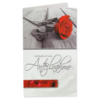 150 Trauerkarte "rote Rose" mit Text - Herzliche Anteilnahme - in Silberfolie - 9,5 x 16 cm - weiss - mit passenden Umschlägen - Gustav Neuser