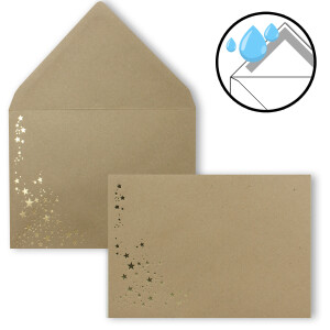 Faltkarten-Set mit Umschlägen DIN A6 - Sandbraun Kraftpapier mit goldenen Metallic Sternen - 150 Sets - Drucker geeignet Ideal für Weihnachtskarten