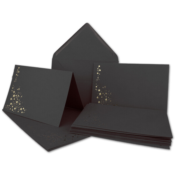 50x Faltkarten-Set mit Umschlägen DIN B6 - Schwarz mit goldenen Metallic Sternen - 11,5 x 17 cm - sehr edel - Ideal für Weihnachtskarten
