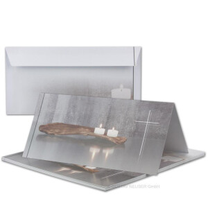 150x Trauerkarten Set mit Umschlägen DIN LANG - Motiv Kerzen auf altem Holz - Danksagungskarten Trauer Ohne Fenster - würdevolle Doppelkarten