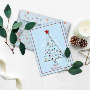 20x Weihnachtskarten-Set DIN A6 mit hellblauem Weihnachtsbaum und Winter-Symbolen - Faltkarten mit passenden Umschlägen - Weihnachtsgrüße für Firmen und Privat