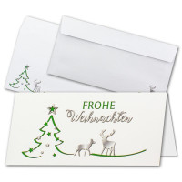 10x Weihnachtskarten-Set DIN Lang in Weiß mit grünem Tannenbaum und Rentier - Faltkarten mit passenden Umschlägen DIN Lang - Weihnachtsgrüße für Firmen und Privat
